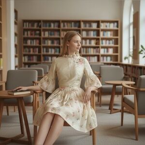 Vintage 50's Floral Cream 2 pc with Embroidered Pink Accents